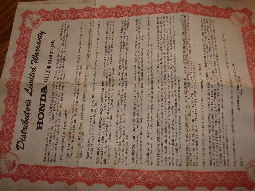 Goldwing GL1200 84 85 Original Warrantee Certificate : COLLECTOR ITEM